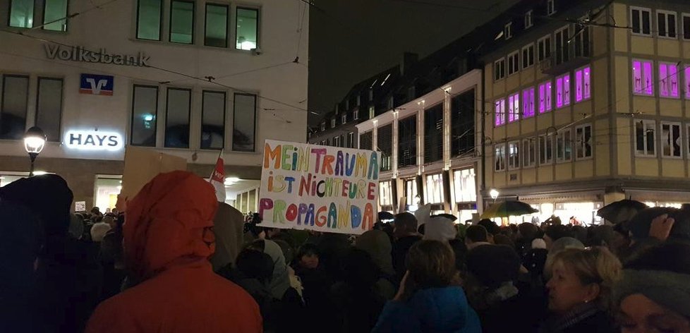 &#34;Moje trauma není propaganda.&#34; Druhou demonstraci pořádala opozice. Lidé demonstrovali proti postojům AfD.