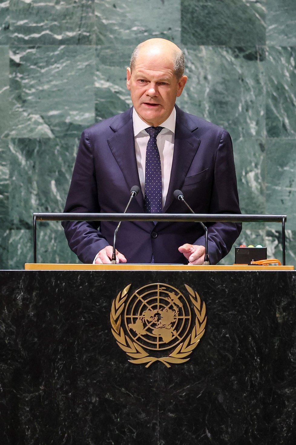 Německý kancléř Olaf Scholz na Valném shromáždění OSN (19. 9. 2023).