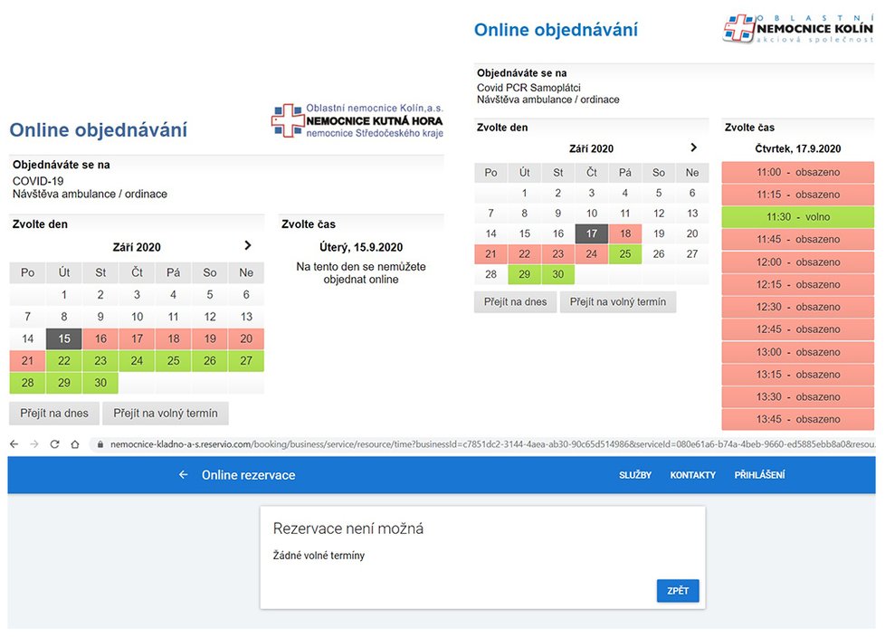 Internetové formuláře, kde se zájemci mohou objednat na testy na nemoc covid-19 v krajských nemocnicích ve Středočeském kraji.