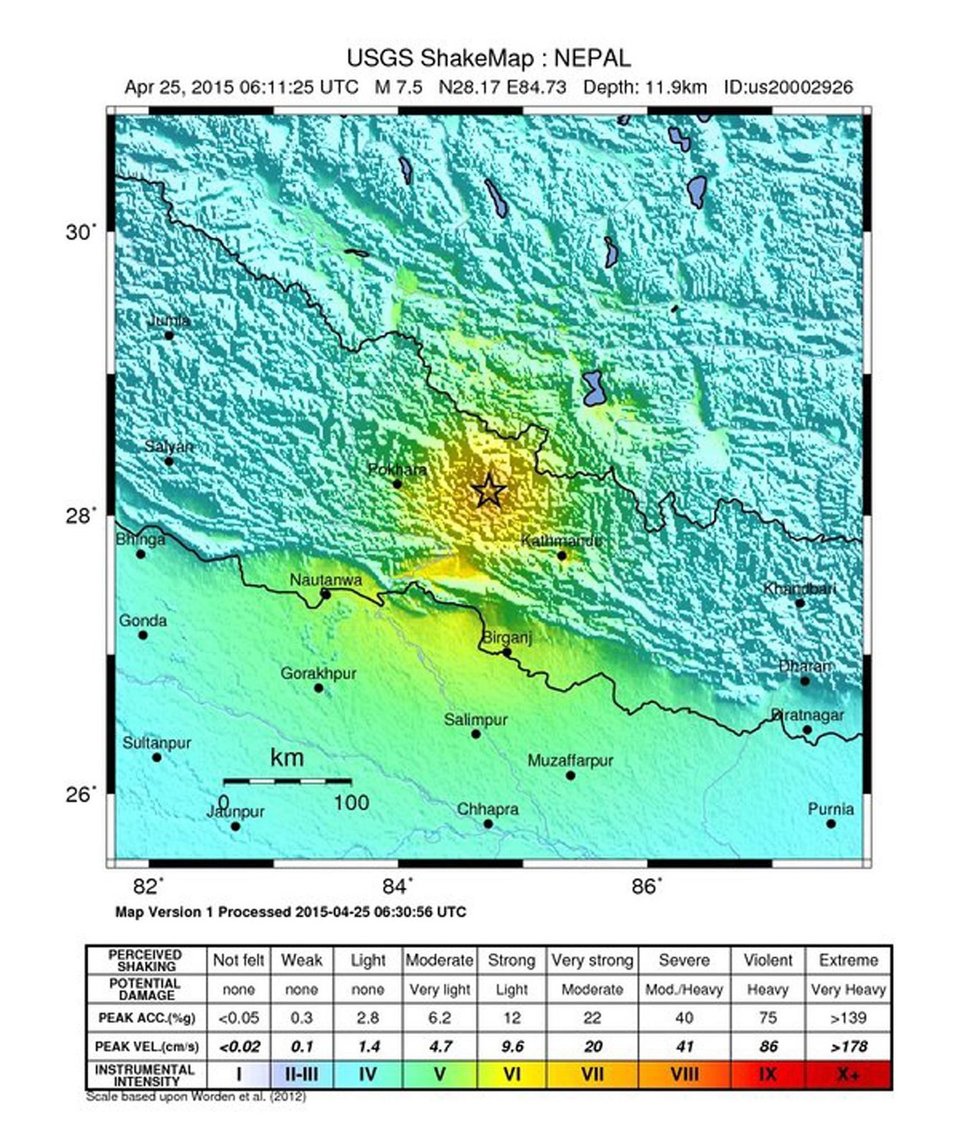 Mapa otřesů ukazuje místo, které zasáhlo silné zemětřesení