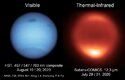 Takto vypadal v&nbsp;roce 2020 Neptun ve viditelné (uprostřed ) a infračervené (vpravo) oblasti spektra