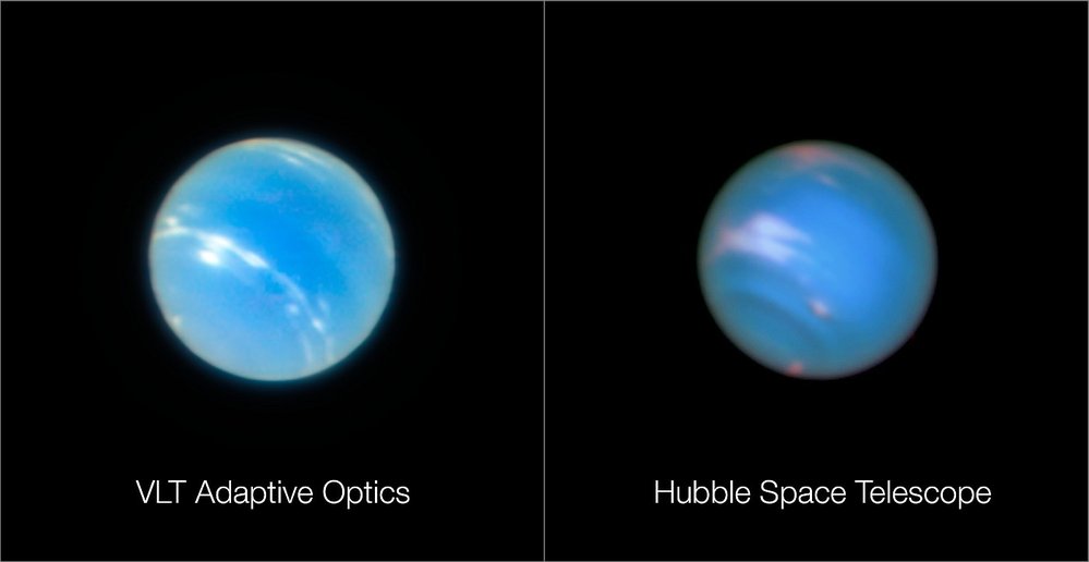 Neptun na snímku z dalekohledu ESO VLT a Hubbleova dalekohledu