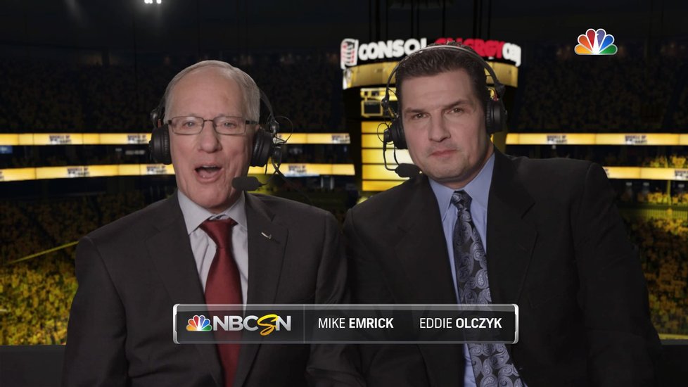 Dvojice komentátorů Mike „Doc“ Emrick a Eddie Olczyk.