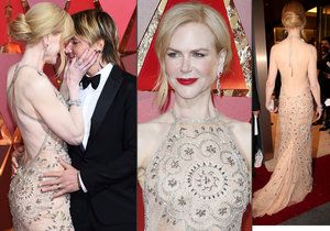 Nicole Kidman si během večera musela upravit šaty.