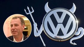 Logo společnosti Volkswagen v „pekelnické“ koláži a europoslanec za TOP 09 Luděk Niedermayer