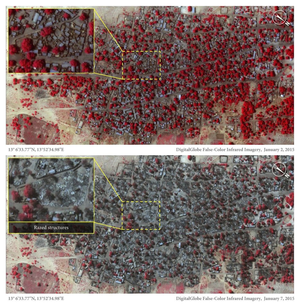 Satelitní snímky z Doro Baga v Nigérii: Před útokem islamistů 2. ledna a po útoku 7. ledna