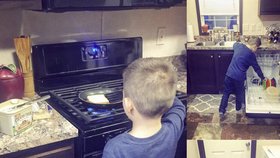 Šestiletý Lyle Thomas uklízí v kuchyni