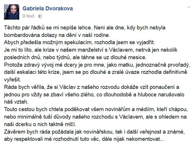 Gábina vydala na Facebooku prohlášení.