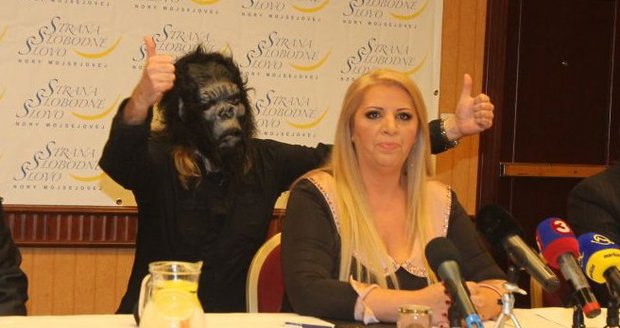 Manžel Nory Mojsejové během tiskovky poskakoval v masce gorily za svou ženou