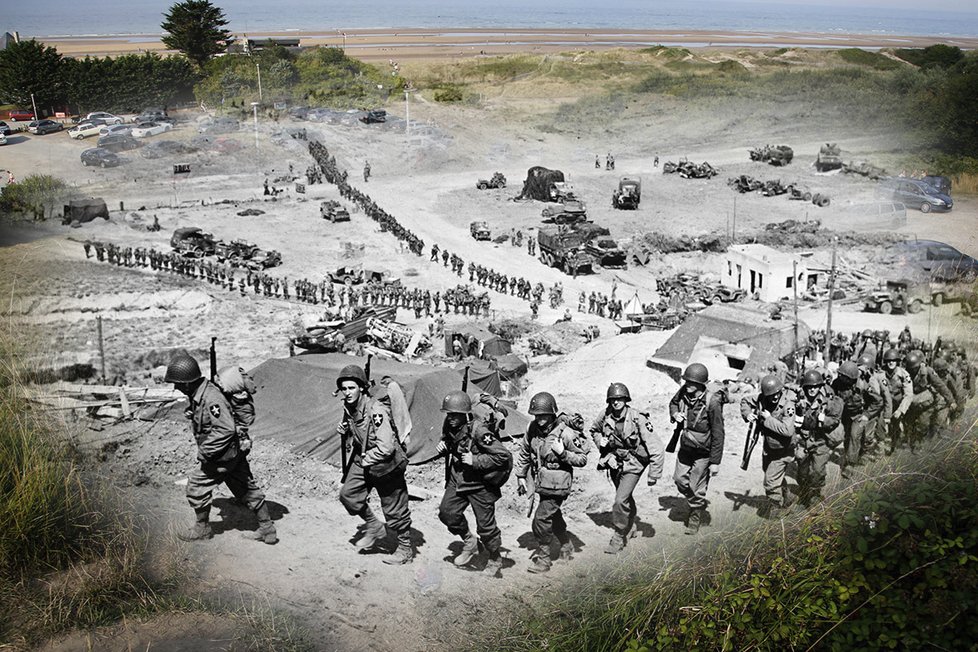 Americké jednotky pochodují nad Omaha Beach poblíž Colleville sur Mer. Bunkr ještě dnes připomíná hrůzy války.