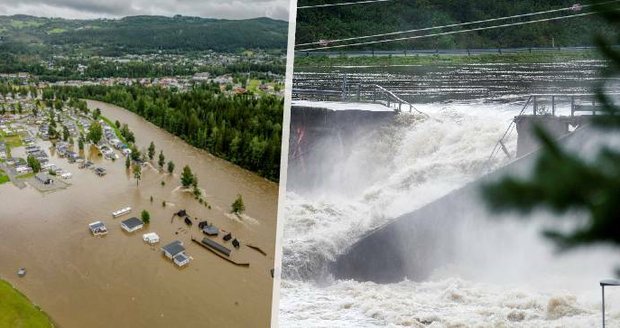 Řádění bouře Hans: Protržená hráz přehrady na největší norské řece a rozsáhlé záplavy