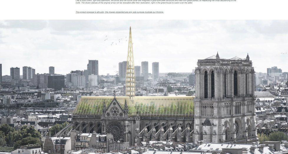 Projekt Studia NAB, jehož architekti chtějí střechu vyhořelé Notre-Dame proměnit ve skleník a zřícenou vížku ve včelín.