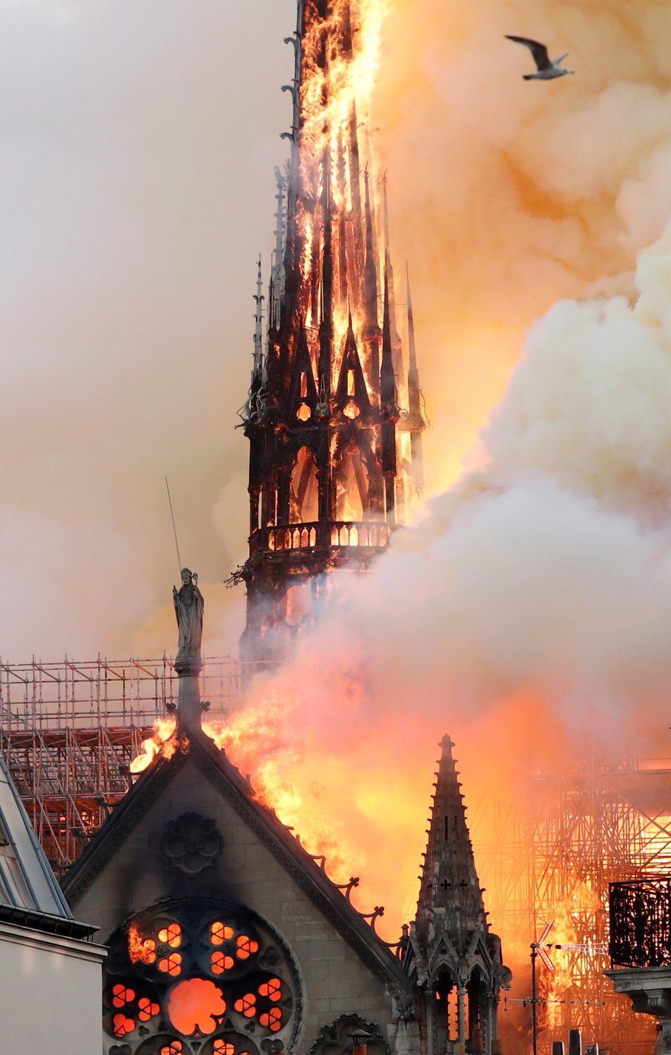 Věž pařížské katedrály Notre-Dame se kvůli mohutnému požáru 15. 4. 2019 zřítila.