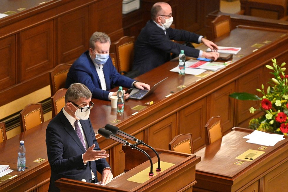 Premiér Andrej Babiš (ANO) ve Sněmovně během projednávání prodloužení nouzového stavu (21. 1. 2021)