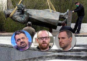 Pavel Novotný (ODS), Zdeněk Hřib (Piráti) a Ondřej Kolář (TOP 09) se skrývají před diktátorským Ruskem kvůli odstranění sochy Koněva. (28.4.2020)