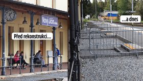 Rekonstrukce nádraží Nový Jičín město. Místo nakloněného bezbariérového chodníku jsou schody,které ještě obklopené přenosným zábradlím.