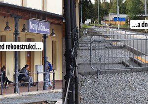 Rekonstrukce nádraží Nový Jičín město. Místo nakloněného bezbariérového chodníku jsou schody,které ještě obklopené přenosným zábradlím.