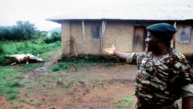 Kamerunský generál Tatow ukazuje na jednu z tisíců kusů krav, které zabil jedovatý plyn