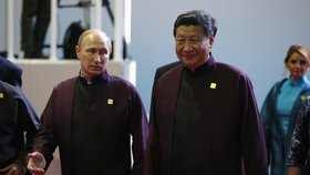 Ruský prezident Putin v doprovodu čínské hlavy státu Si Ťin-Pchinga při summitu APEC v Pekingu