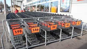 Koronavirus v Česku: Supermarkety upravily své plochy tak, aby mohl kolem sebe mít návštěvník 15 m². Očíslovaly i vozíky, aby bylo jasné, kolik lidí může být uvnitř prodejny (18. 11. 2020).