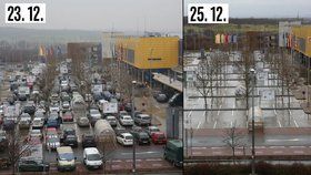 Takto vypadalo parkoviště u IKEA na Černém Mostě 23. 12. a 25. 12.