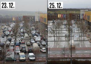 Takto vypadalo parkoviště u IKEA na Černém Mostě 23. 12. a 25. 12.