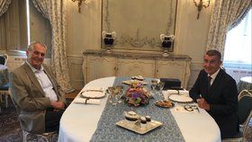 Zeman poobědval s Babišem v Lánech. Premiér nekuřák dostal k narozeninám dýmku