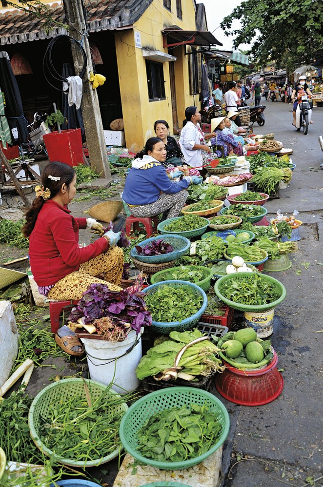 Prodej čerstvých bylinek a zeleniny v ulicích historického města Hoi An