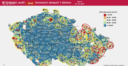 Mapa obcí v Česku s nízkou proočkovaností (říjen 2021)