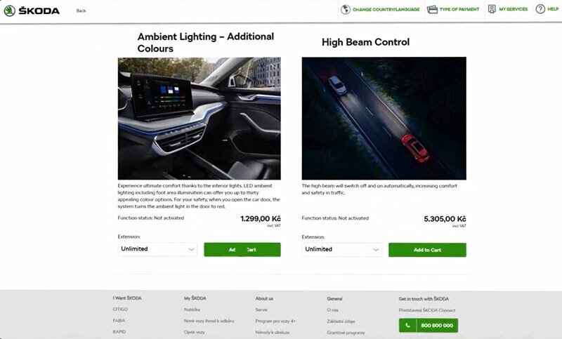 Funkci FoD (Function on Demand) nabízí pro modely Octavia a Enyaq i Škodovka. Zatím si můžete za úplatu rozšířit spektrum barev náladového osvětlení nebo dokoupit automatické přepínání dálkových světel či čtení dopravních značek. Záleží na modelu a výbavě.
