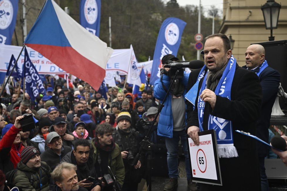 Demonstrace proti důchodové reformě a emisní normě Euro 7 v Praze: Šéf ČSSD Michal Šmarda (29.3.2023)