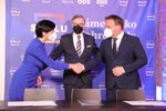 Podpis koaliční smlouvy koalice Spolu: Lídři zleva Markéta Pekarová Adamová (TOP 09), Petr Fiala (ODS) a Marian Jurečka (KDU-ČSL)