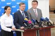 Tiskovka ODS před mimořádnou schůzi k nahrávkám Andreje Babiše: Zleva Udženija, Fiala a Stanjura