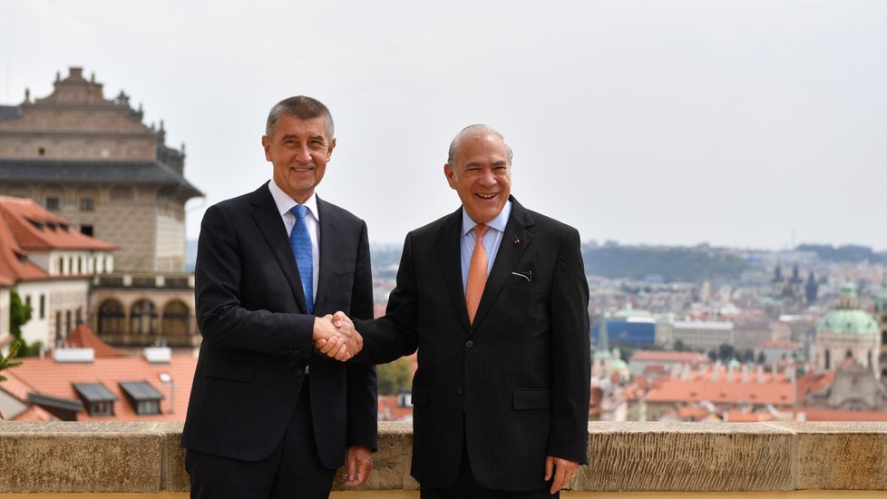 Předseda vlády Andrej Babiš (vlevo) se setkal 16. července 2018 v Praze s generálním tajemníkem Organizace pro hospodářskou spolupráci a rozvoj (OECD) Angelem Gurríou, který do ČR přijel představit pravidelný hospodářský přehled OECD pro ČR za období posledních dvou let.