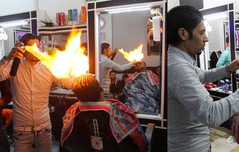 Kadeřnictví pro odvážné: Holič v uprchlickém táboře upravuje lidem vlasy ohněm 