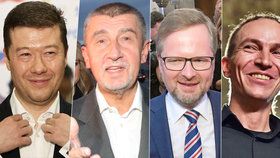 Zleva Tomio Okamura (SPD), Andrej Babiš (ANO), Petr Fiala (ODS) a Ivan Bartoš (Piráti) letos uspěli ve sněmovních volbách.