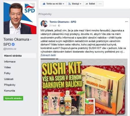 Na zeď tam Okamura umístil fotografii lákající na nákup balíčku na výrobu sushi za 450 korun v jeho vlastním obchodě s japonskými výrobky.