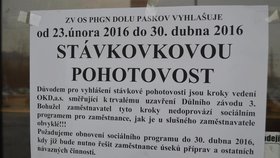 Plakát oznamující stávkovou pohotovost na Dolu Paskov