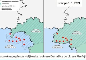 Změna hranic okresů Domažlice a Plzeň-jih od roku 2021.