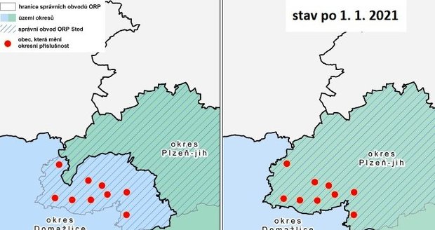 Změna hranic okresů Domažlice a Plzeň-jih od roku 2021.
