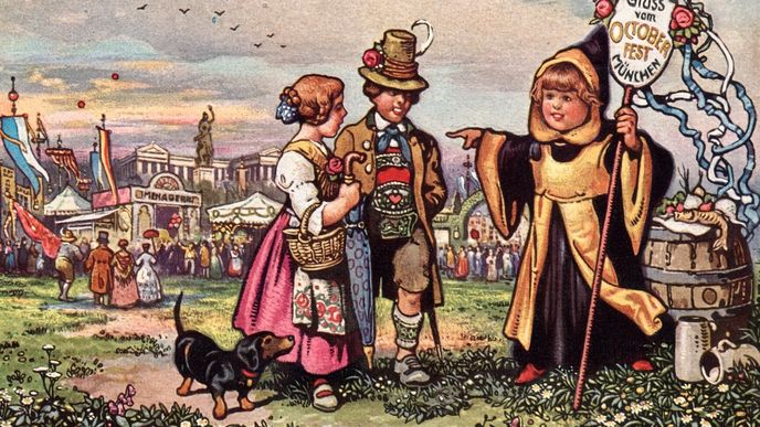 Oktoberfest v Mnichově na pohlednici z roku 1910