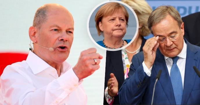 Německé volby: Olaf Scholz (SPD, vlevo), končící Angela Merkelová a lídr CDU/CSU Armin Laschet (vpravo)