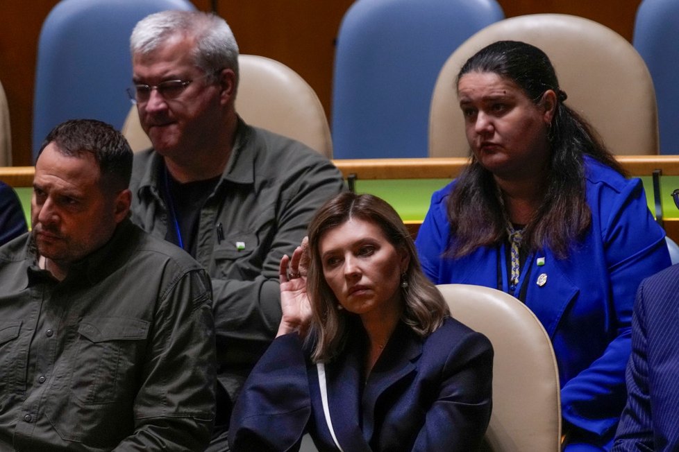 První dáma Ukrajiny Olena Zelenská při vystoupení jejího manžela před Valným shromážděním OSN (19.9.2023)