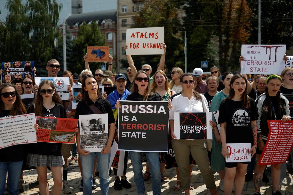 Válka na Ukrajině: Protest v Kyjevě proti agresi v Olenivce (30. 7. 2022)