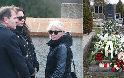 Veronika Žilková s dcerou Agátou Hanychovou a jejím partnerem Soukupem na pohřbu Olgy Žilkové. 