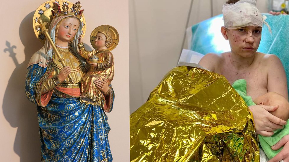 Olha zabalená do zlaté termofolie s novorozencem v náručí připomíná Madonu