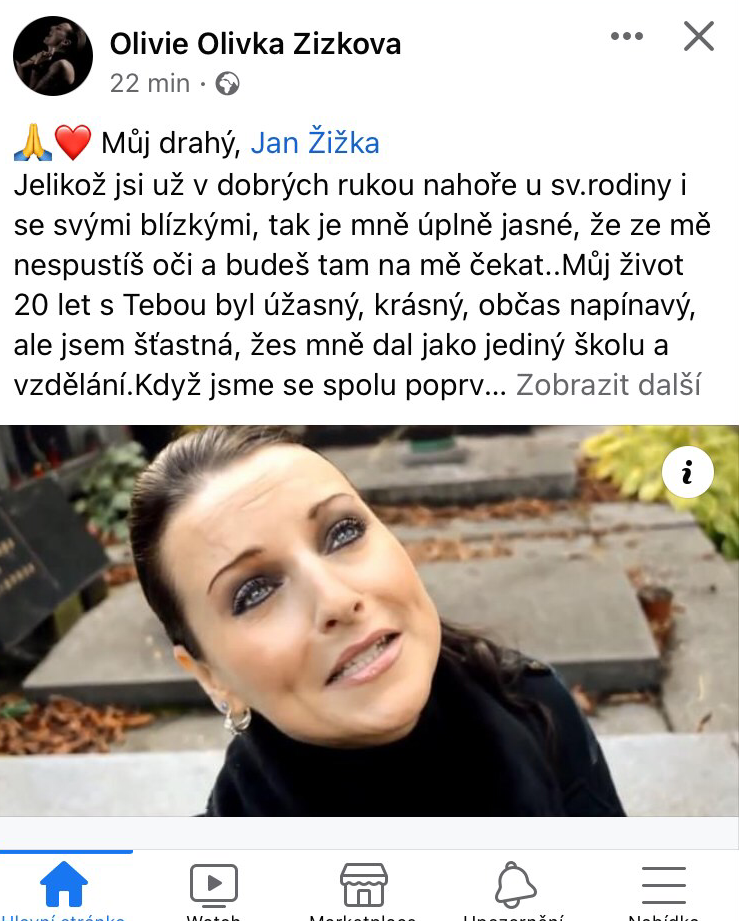 Olivie Žižková oplakává manžela.