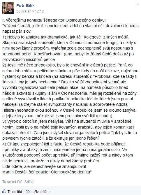 Takto popisoval střet v Olomouci šéfredaktor Olomouckého deníku Bilík na Facebooku
