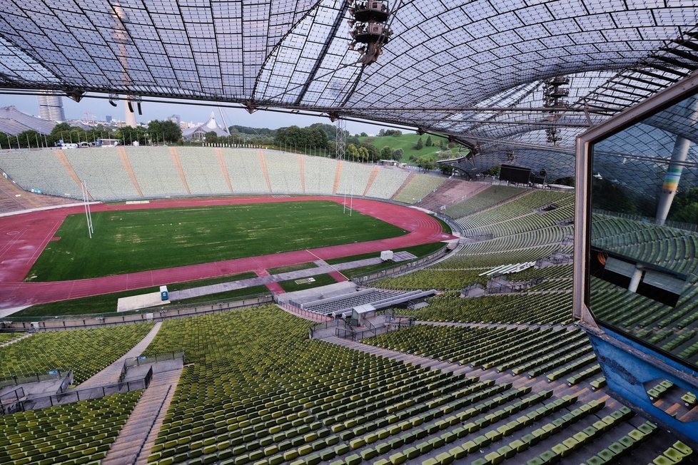 Olympijský stadion v Mnichově od komentátorského stanoviště