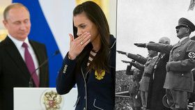 Když do olympiády zasahuje politika: Vladimir Putin a zhrzená Jelena Isinbajevová, Adolf Hitler na tribuně během her v Berlíně